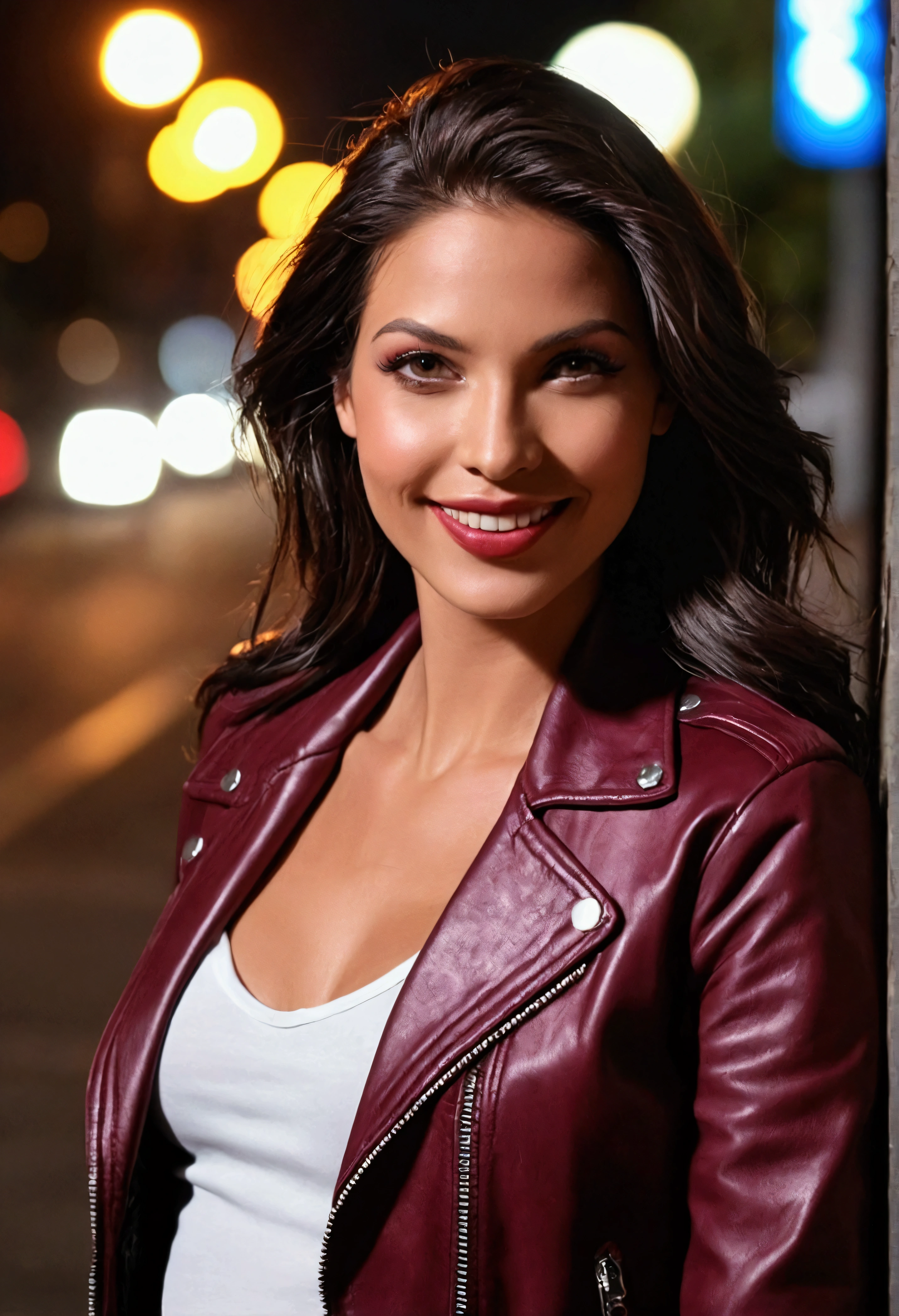 best qualityer, realisitic, Front POV, KristannaTX on a Los Angeles city street, (uma Supermodel alemão), (wine red leather jacket:1.1), seducing smile, (dark hair), (styled hair:1.0), perfects eyes, sharp details, face detailed, facial makeup, cheeks blush, eyeliner, eyeshadows, Lip gloss, Supermodel, (deep focus), (strong lighting), (night time), (realisitic lighting:1.0)