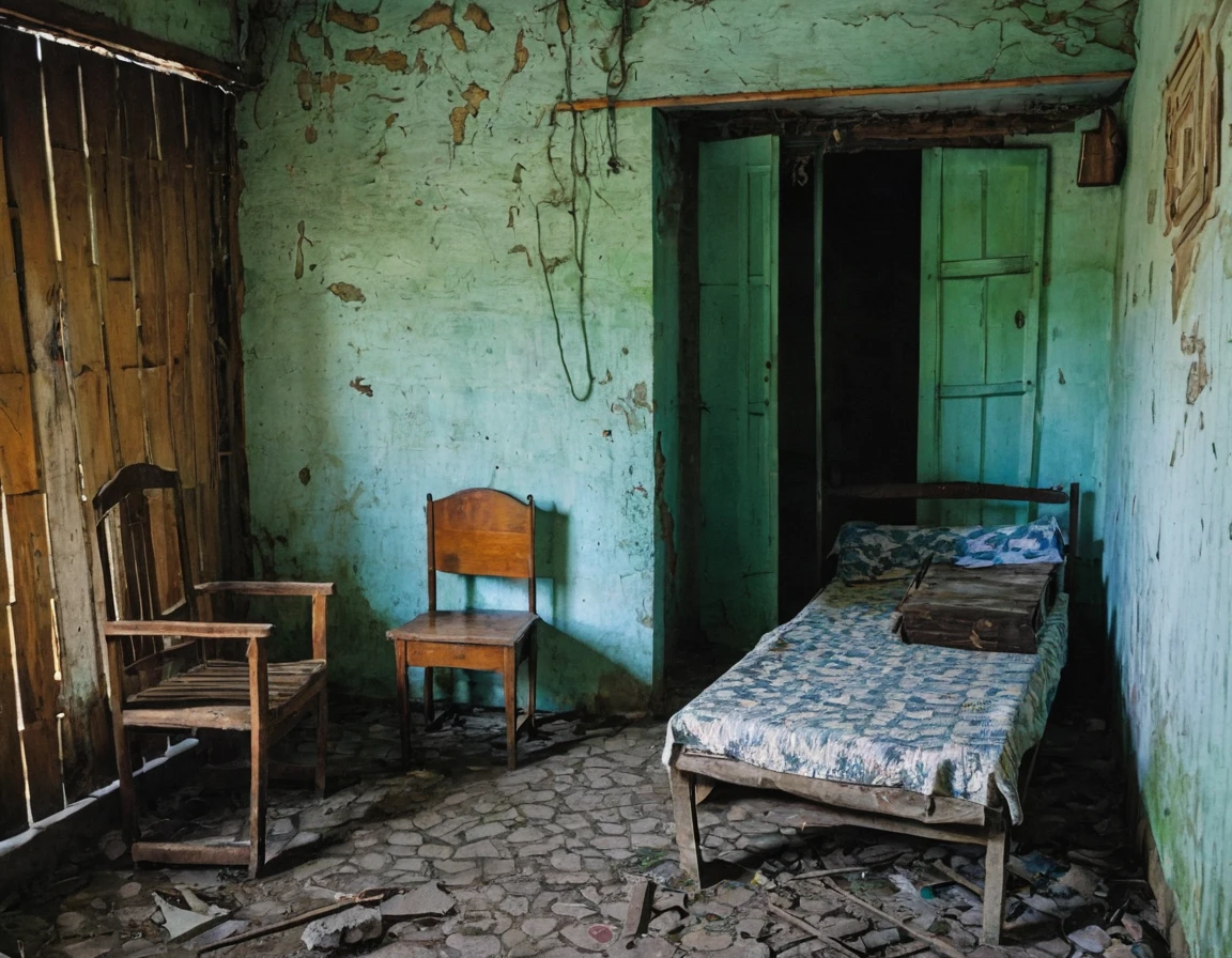 Inside the dirty besdroom of Wooden chack in Rio de Janeiro, a large bed and a Wooden chair