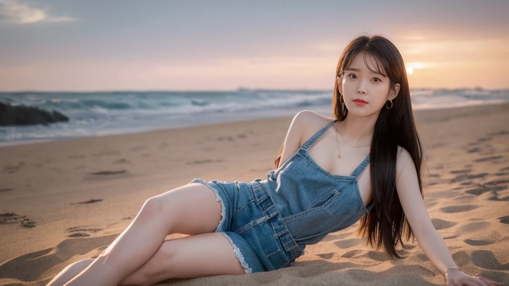 (Best quality, 8k, 32k, Masterpiece, UHD:1.2), 1girl, beautiy Japanese woman, a woman in denim shorts posing on the beach at sunset, Lee Ji Eun, hot with shining sun, hwang se - on, casual pose, lee ji-eun, lee ji - eun, gorgeous young korean woman, korean girl, beautiful young korean woman, korean women's fashion model, sakimichan, IU