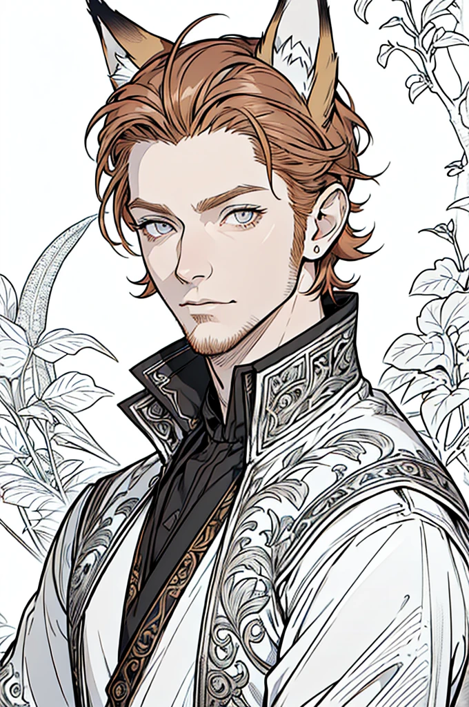 (masterpiece),(Very detailed),(Very detailed),(best quality), lineart, one man, fantasy character with fox ears, silver eyes, ((short ginger hair)), ((portrait)) tall, stunning, fantasy, beautiful face, animated style, perfect face, highest detail, stubble, detailed face, clothes, intricate details, fantasy background, expressionless, solo,