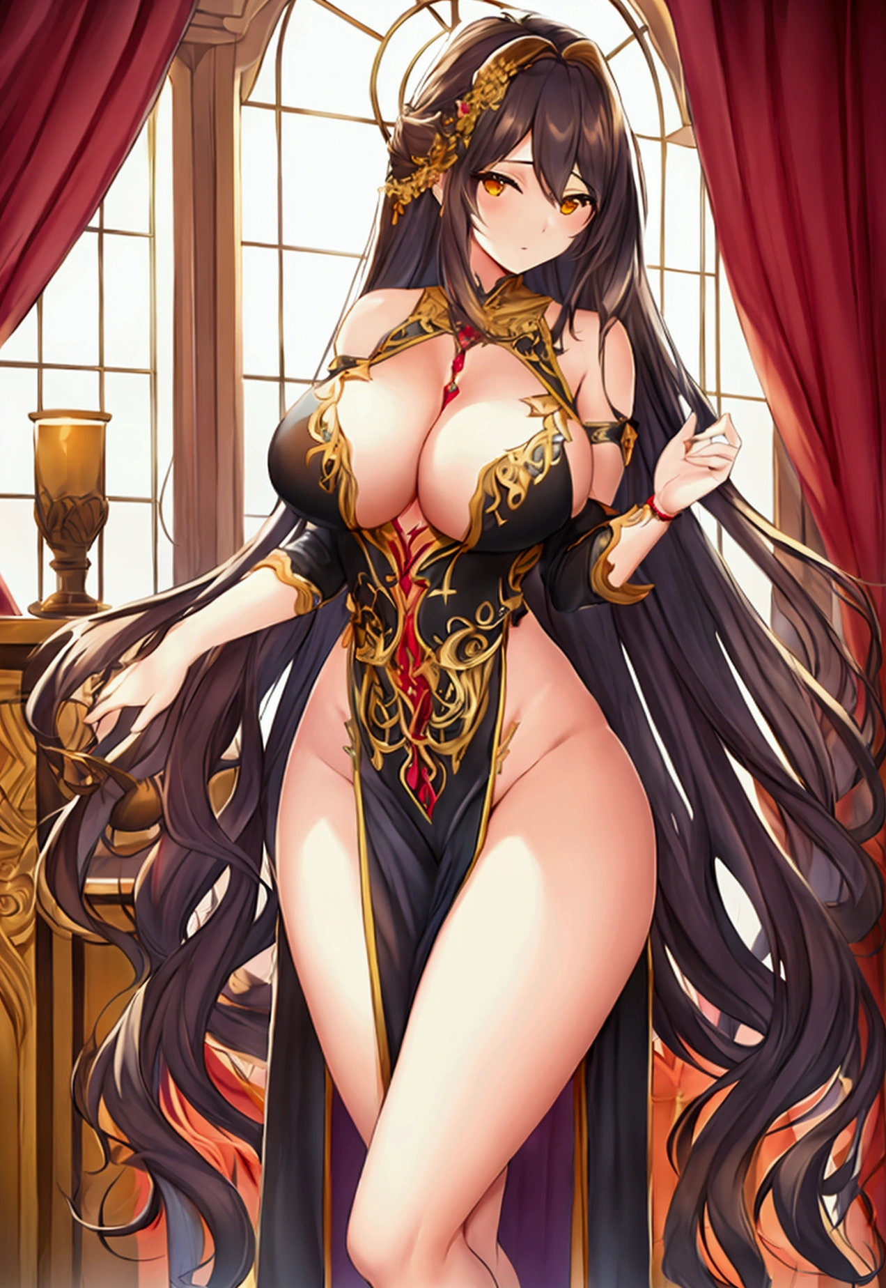 Beautiful long haired woman with open legs showing vagina and breasts without clothes