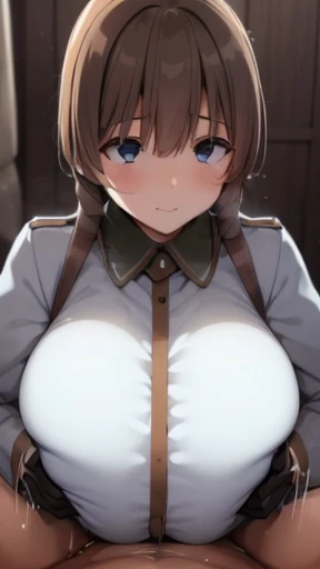 A girl who wears military clothes, brown heirs, gigantic breasts, anime cartoon, german third reich, long heirs,((highest quality)), ((masterpiece)),details, bleu eyes,black clothes,4k