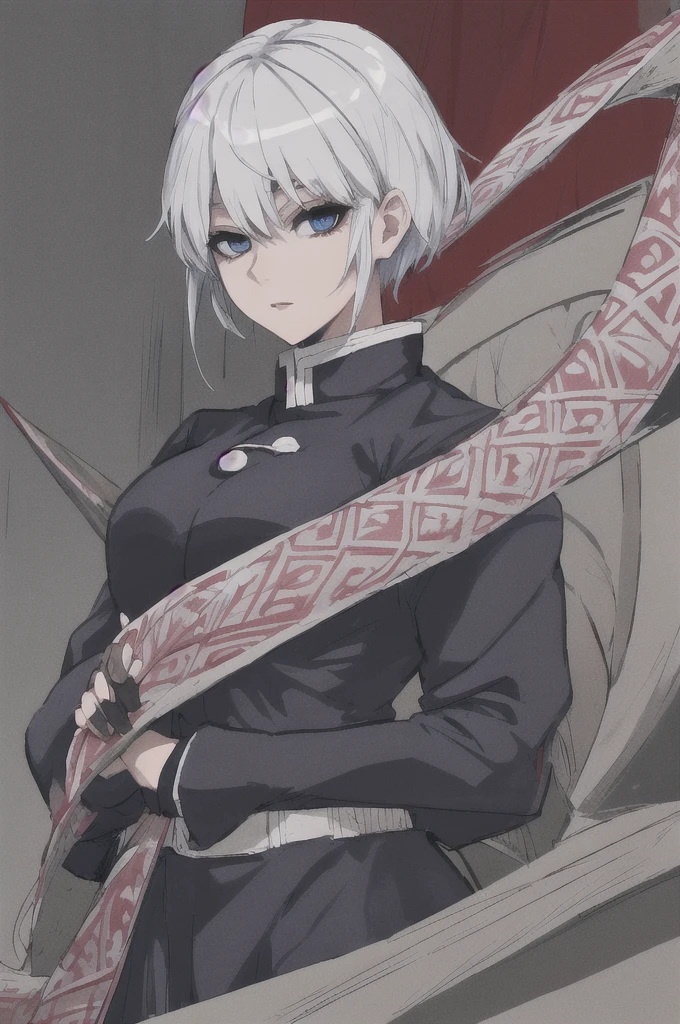 girl with short white hair, blue eyes, demon slayer uniform, black haori, highly detailed high contrast hd masterpiece of best quality in high resolution (without the mask of the mouth) ((more feminine))