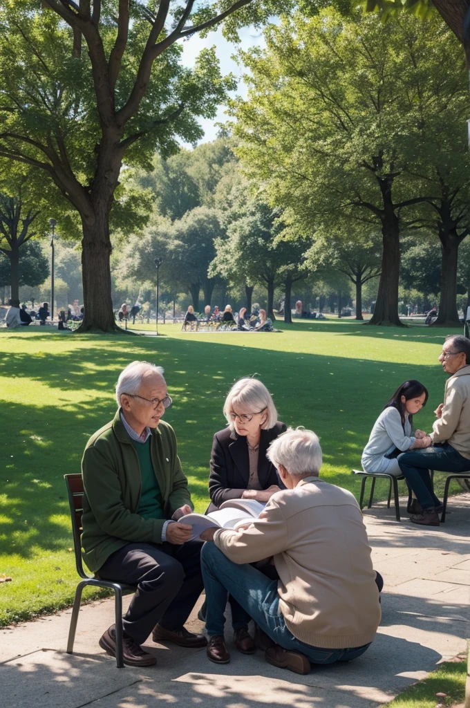 People of different ages sitting in a green park, reading philosophy books and talking, creating an environment for reflection and discussion.