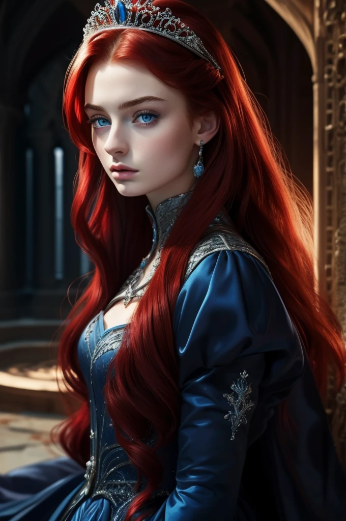 16 year old Sophie Turner, ultra detailed face, ultra detailed blue eyes, long red hair, (dress, long skirt), tiara, winter, (((masterpiece)))