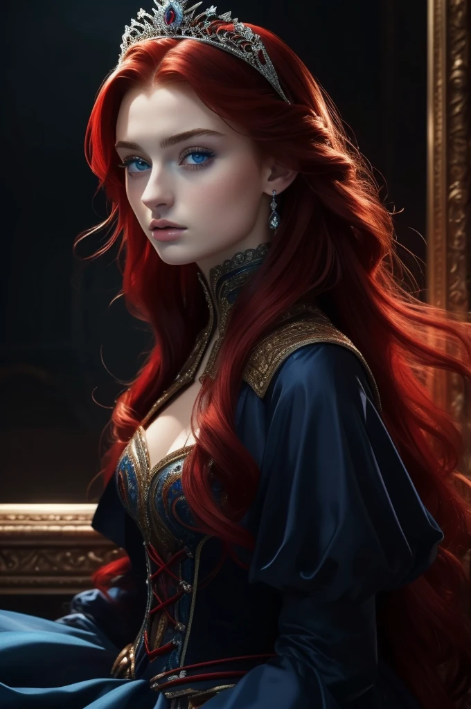 16 year old Sophie Turner, ultra detailed face, ultra detailed blue eyes, long red hair, (dress, long skirt), tiara, winter, (((masterpiece)))