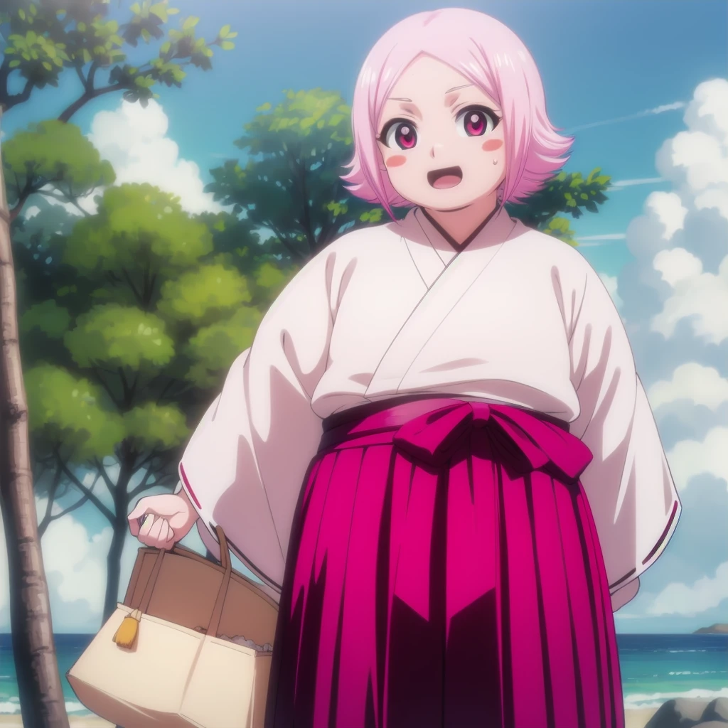 yachirukusajishi, yachiru kusajishi, short hair, pink hair, (pink eyes:1.5), blush stickers, open mouth, forehead,
BREAK long sleeves, japanese clothes, hakama, black hakama,
BREAK outdoors,
BREAK looking at viewer, (cowboy shot:1.5),
BREAK (masterpiece:1.2), best quality, high resolution, unity 8k wallpaper, (illustration:0.8), (beautiful detailed eyes:1.6), extremely detailed face, perfect lighting, extremely detailed CG, (perfect hands, perfect anatomy), standing, happy, blush, 1girl, Slob yachiru kusajishi, obese thick thighs, big and fat face, big obese cheeks, small obese neck, no pupils, small breats, red bikini, ultra detailed, tropical beach, masterpiece, best quality, aesthetic, detailed, nsfw