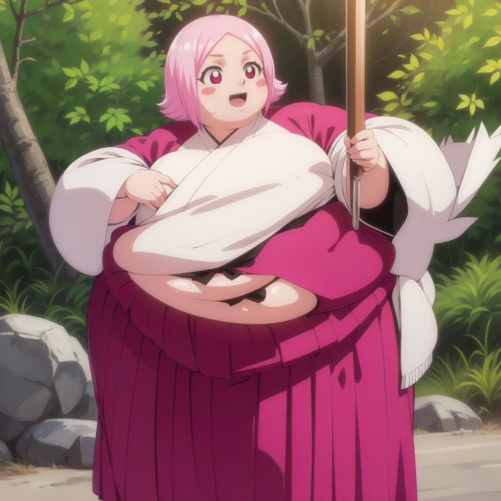 yachirukusajishi, yachiru kusajishi, short hair, pink hair, (pink eyes:1.5), blush stickers, open mouth, forehead,
BREAK long sleeves, japanese clothes, hakama, black hakama,
BREAK outdoors,
BREAK looking at viewer, (cowboy shot:1.5),
BREAK (masterpiece:1.2), best quality, high resolution, unity 8k wallpaper, (illustration:0.8), (beautiful detailed eyes:1.6), extremely detailed face, perfect lighting, extremely detailed CG, (perfect hands, perfect anatomy), standing, happy, blush, 1girl, Slob yachiru kusajishi, obese thick thighs, big and fat face, big obese cheeks, small obese neck, no pupils, small breats, red bikini, ultra detailed, tropical beach, masterpiece, best quality, aesthetic, detailed, nsfw