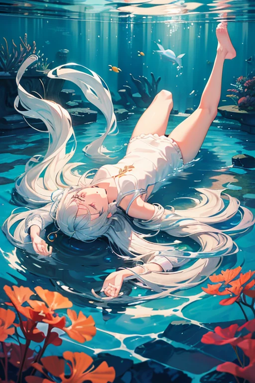 masterpiece, Highest quality, High resolution，Follow the on-screen instructions、Anime Style、Follow the prompts、One Girl、Long silver hair、Inside a cylindrical aquarium、Coral Reef、fish、Falling position、Lying on your back、Extend your hands towards the water、On the way down to the bottom of the sea、Look at the water surface、Drowning Slowly