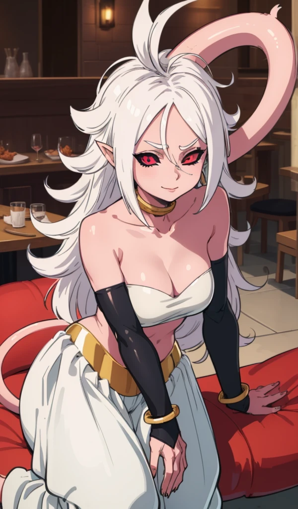 Artwork, she is standing, walking, she is walking, she is showing the side to the camera, side to the camera, best quality, ma21, black sclera, pink skin, tube top, bracelet, harem pants , tail, sitting, restaurant, body sideways to the viewer, Smile, frown  