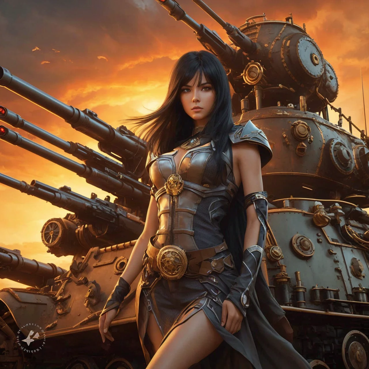 ((best quality)), ((masterpiece)), (detailed), Create an image of a beautiful girl with long black hair. She is wearing a futuristic warrior jumpsuit in black with a few gold details. The girl is standing on the surface of Mars, characterized by its red, rocky terrain and a dramatic Martian sky. In the background, there is a futuristic combat plane featuring the COD logo clearly visible. The scene should convey a sense of futuristic adventure and sci-fi elements.