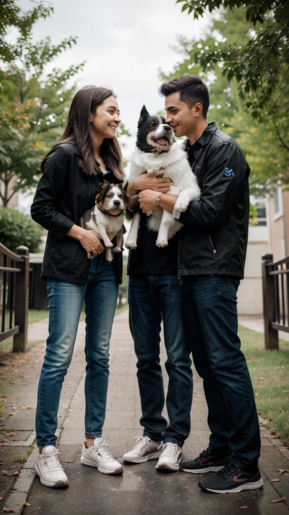 Image of a couple with two dogs 
