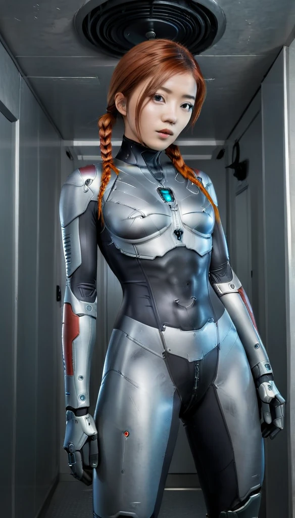 1 Girl、Medium Bust、solo、red Hair、Braid、Mobile Race Suit、Shoulder Armor、ceiling、Wide Shot、Looking Ahead、zipup suit 、Closed Mouth、Highest quality、medium quality、22 years old、Mobile Trace System、cockpit、Asian、CyborgCosplay

