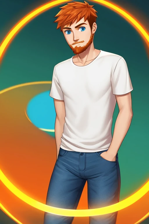 Male human, ginger hair, ginger circle beard, blue eyes, slim in body build, jeans, t-shirt