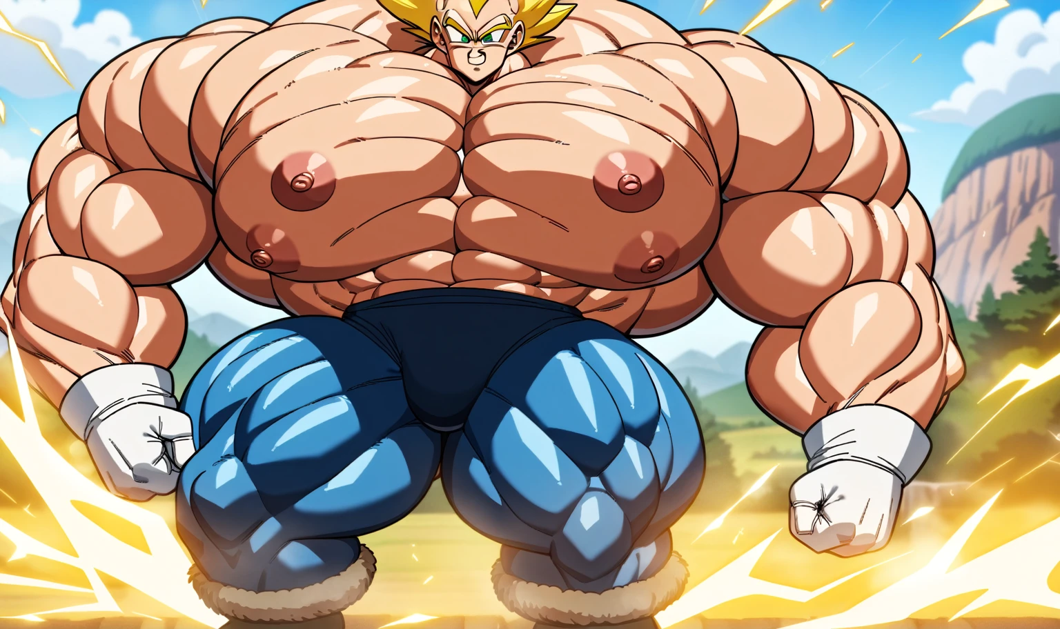 1boy, Vegeta, from Dragon Ball Z, masterpiece, best quality, very aesthetic, absurdres, saiyan, green eyes, spiked hair, (yellow hair:1.5), shirtless, blue skintight pants, white gloves, (huge muscles:3), Dragon Ball Z artstyle, in the style of Akira Toriyama, white tiled floor, outdoors, flat-top mountains, (nipples:1.5), yellow aura, electricity