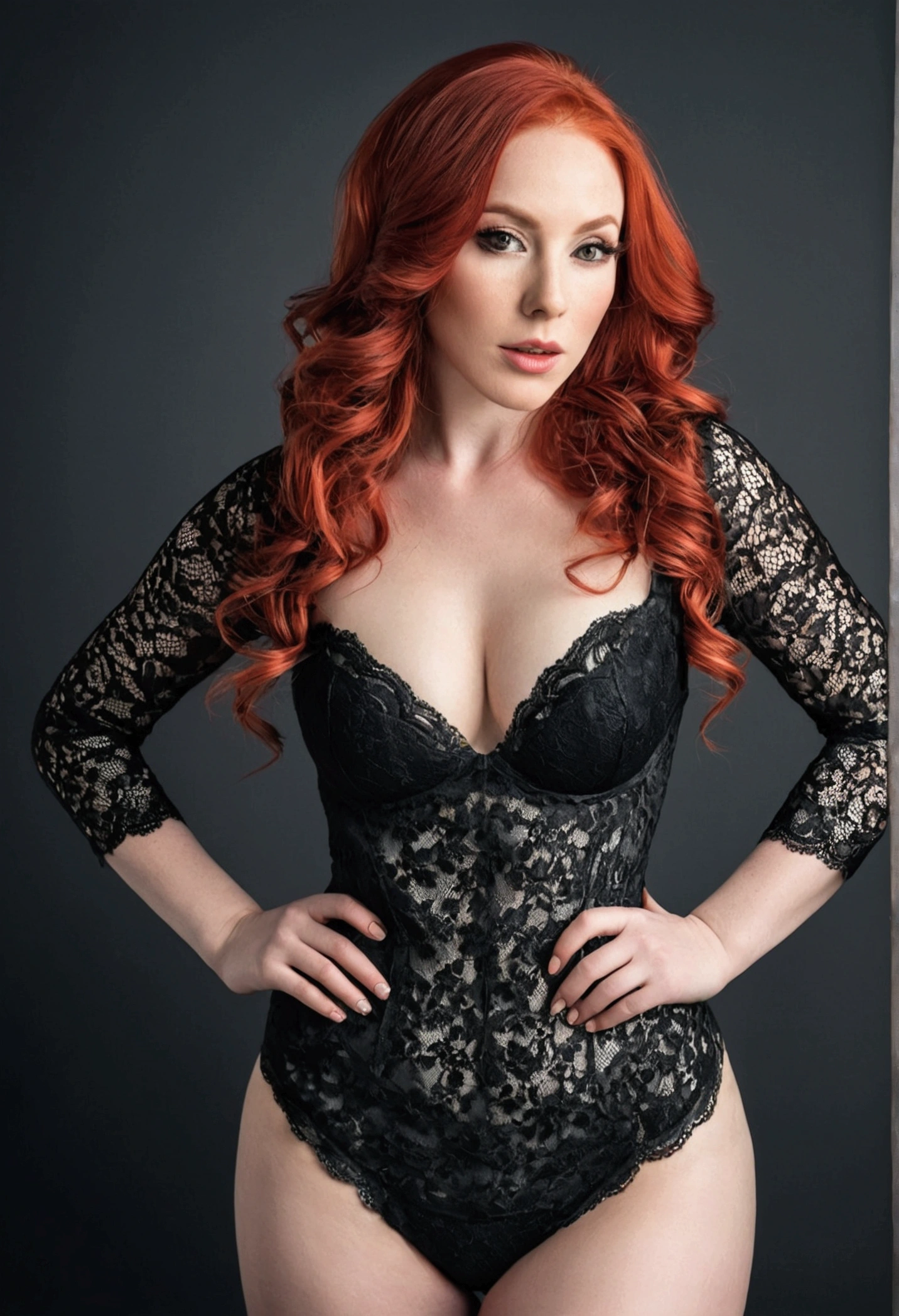 Woman, red hair, white skin, (hips, buttocks), perfect anatomy (perfect hands and face), photo studio (black lace clothes), professional photography, gray background, makeup, lights, close-up, real, curves, texture skin, canon camera focus, RAW photo