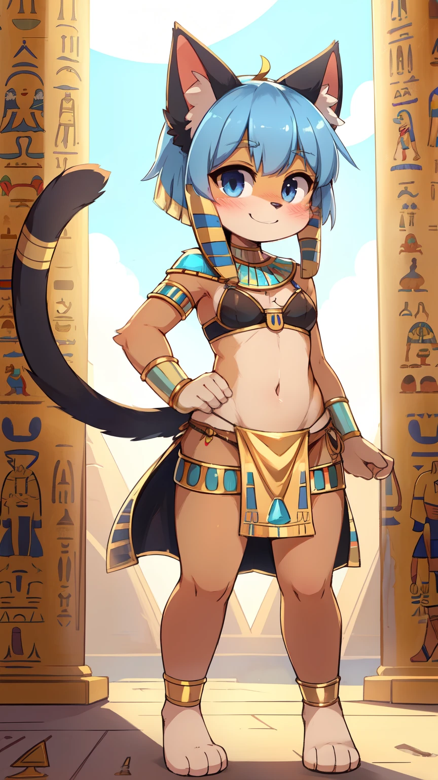 score_9,score_8_up,score_7_up, source_cartoon, source_furry, Bastet, cat girl, cat tail, light blue hair, hair over one eye, rect bangs, medium rect hair, furry, blush, looking at viewer, smile, 1girl, cat ears, furry female, brown body fur, ((small loincloth, egyptian adorns, black bondeau bra)), egypt, clear sky, blush, looking at viewer, solo, anthro, cheek tuft, facial tuft, navel, full body, feets with three toes, 3 toes, standing,