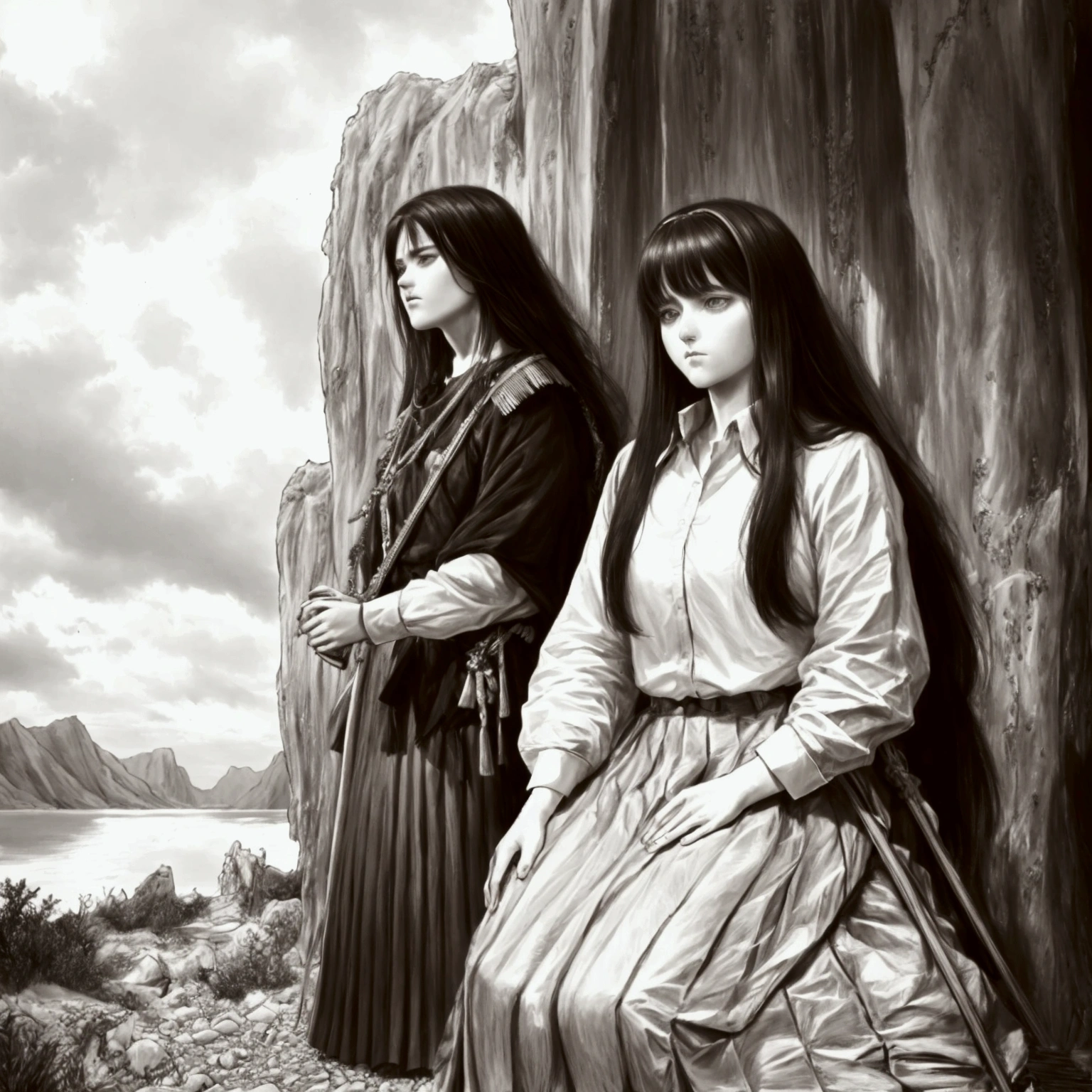 (absurdres, highres, ultra detailed, HDR), (highest quality, masterpiece, Super realistic), 13 year old age tall girl, long messy hair, unattractive face, wearing oversized shirt uniform, box pleated long skirt, standing in a long distance from a charming muscular sport boy, stare at each other in silence without expression, indifferent gaze to him, manga monochrome oil painting, extreme long shot, bird eyes angle