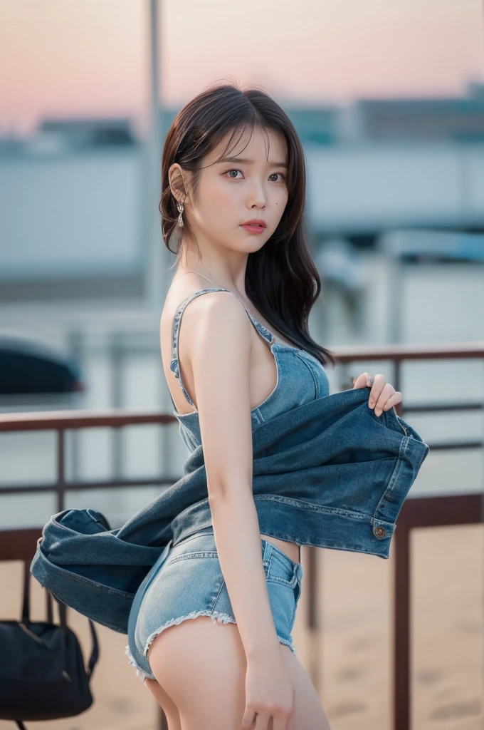 (Best quality, 8k, 32k, Masterpiece, UHD:1.2), 1girl, beautiy Japanese woman, a woman in denim shorts posing on the beach at sunset, Lee Ji Eun, hot with shining sun, hwang se - on, casual pose, lee ji-eun, lee ji - eun, gorgeous young korean woman, korean girl, beautiful young korean woman, korean women's fashion model, sakimichan, IU