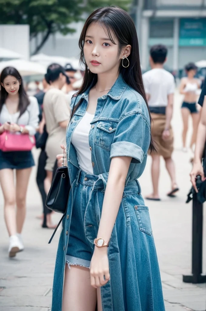 (Best quality, 8k, 32k, Masterpiece, UHD:1.2), 1girl, beautiy Japanese woman, a woman in denim shorts posing on the beach at sunset, Lee Ji Eun, hot with shining sun, hwang se - on, casual pose, lee ji-eun, lee ji - eun, gorgeous young korean woman, korean girl, beautiful young korean woman, korean women's fashion model, sakimichan, IU