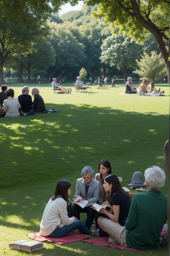 People of different ages sitting in a green park, reading philosophy books and talking, creating an environment for reflection and discussion.