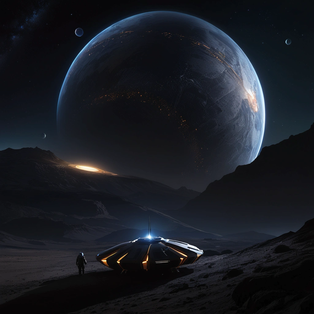 Spacecraft lands on a planet,A mountain in the background, Star Citizen Halo, Movie science fiction lens, Inspired by Jessica Rossier, Unreal Engine 4K Wallpaper, Future Spaceport, dyson sphere in space, Star Citizen Origins 100i, star citizen digital art, scifi nightscape, Epic and beautiful space science fiction, Sci-fi background, Space landscape, Interstellar Space Setting