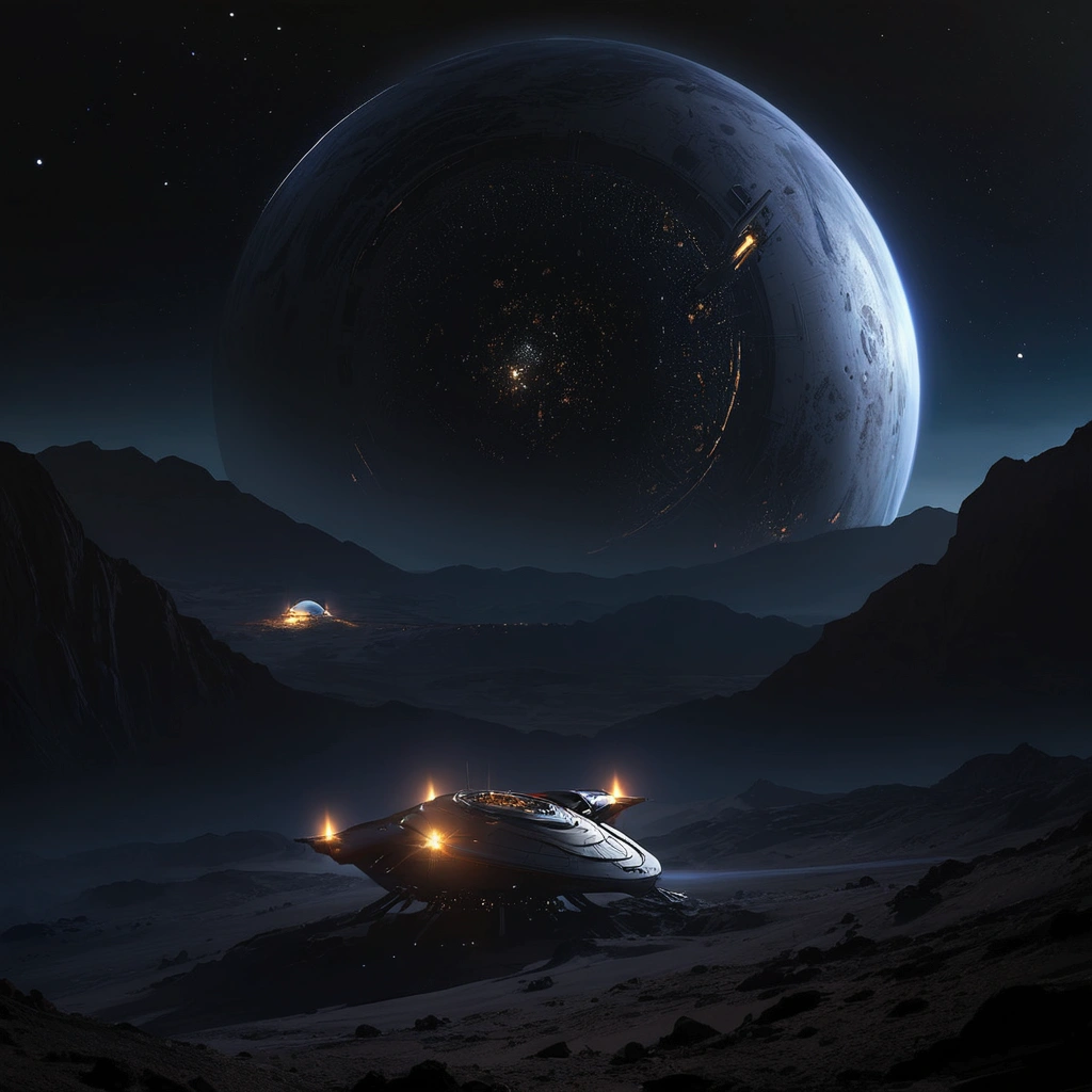Spacecraft lands on a planet，A mountain in the background, Star Citizen Halo, Movie science fiction lens, Inspired by Jessica Rossier, Unreal Engine 4K Wallpaper, Future Spaceport, dyson sphere in space, Star Citizen Origins 100i, star citizen digital art, scifi nightscape, Epic and beautiful space science fiction, Sci-fi background, Space landscape, Interstellar Space Setting