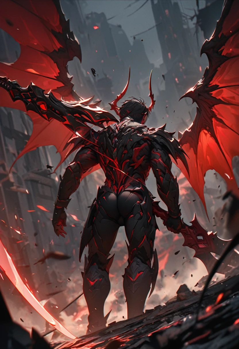 masterpiece, 8k, best quality, highly detailed, a human warrior wielding a sword made of pitch black & red steel with destroyed draconic wings on his back