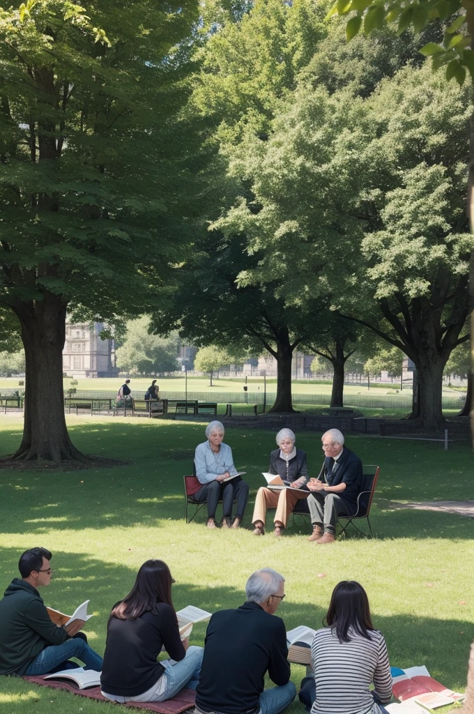 People of different ages sitting in a green park, reading philosophy books and talking, creating an environment for reflection and discussion.
