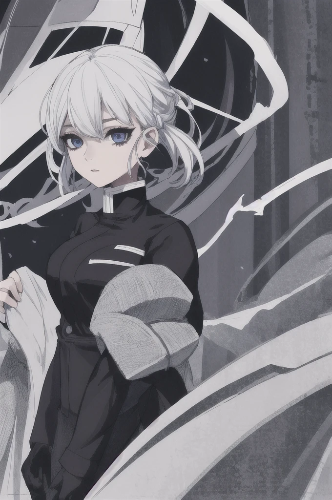 girl with short white hair, blue eyes, demon slayer uniform, black haori, highly detailed high contrast hd masterpiece of best quality in high resolution (without the mask of the mouth) ((more feminine))