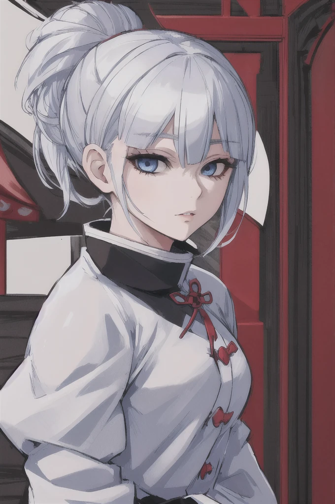 girl with short white hair, blue eyes, demon slayer uniform, black haori, highly detailed high contrast hd masterpiece of best quality in high resolution (without the mask of the mouth) ((more feminine))