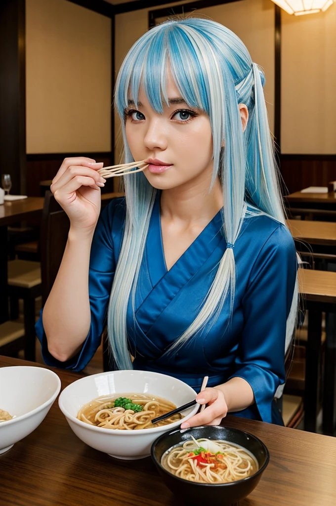 Girl with slanted eyes, long white hair with blue highlights and bangs also with blue highlights in anime style dressed in a sexy black dress eating ramen with chopsticks in a restaurant in Japan 