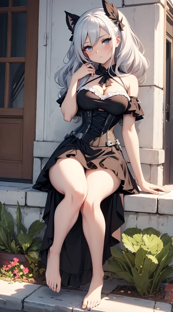 anime: style image of a woman wearing a navel corset dress in dress, cute anime waifu with a nice dress add_detail:1, seductive anime girl, , cushart krenz art key women, from the video game azur lane, Azure Lane Style, anime girl in a black dress, trend on artstation pixiv, red pupils, White hair, good figure add_detail:1, sitting on a french ledge add_detail:1, vist body asoleto, barefoot, beautiful feet add_detail:1, small breasts, ta add_detail:1