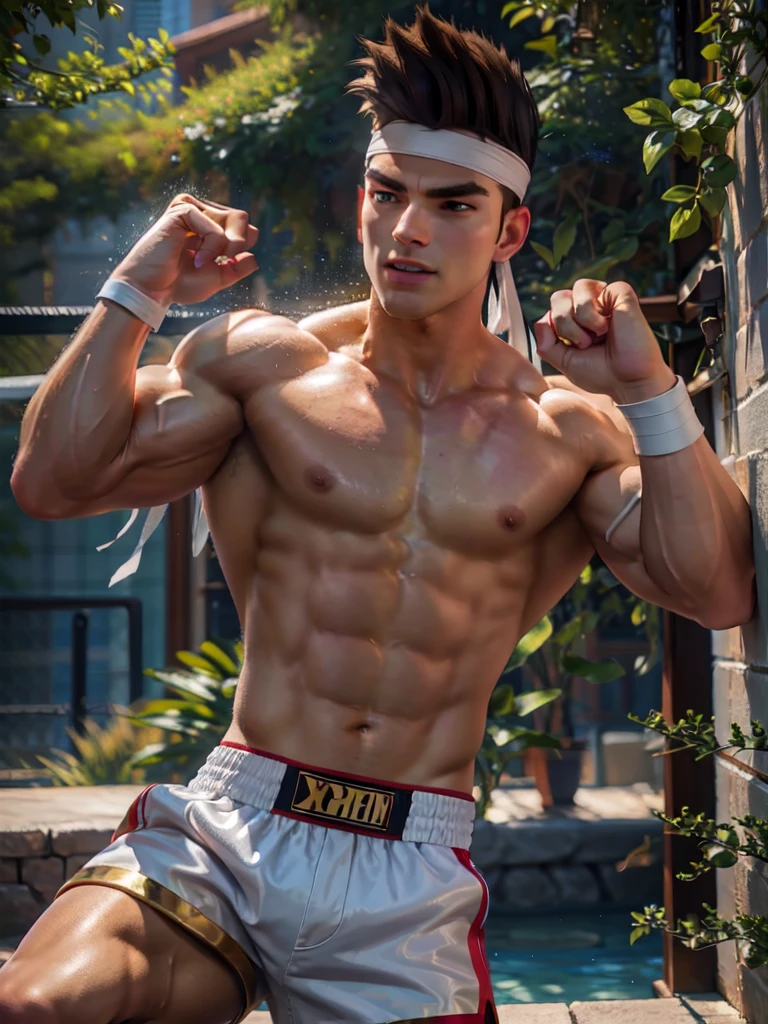 25-year-old man, alone, athletic, muscular, tall hair, white band on his forehead, no shirt, wears white bandages that cover almost his entire forearm, wears red shorts, looking seriously at the viewer, kick guard position boxing, cinematic, ultra sharp focus, award winning photography, perfect contrast, high sharpness, depth of field, ultra detailed photography, global illumination, fluid, ultra high definition, 8k, Unreal Engine 5, ultra sharp focus, award winning photography, trends art season,