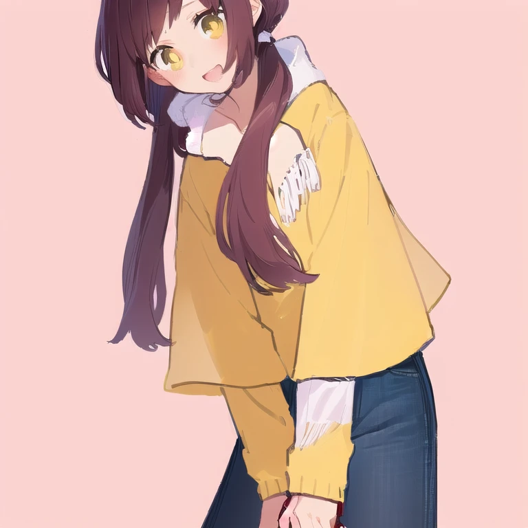 Woman in a yellow shirt with a handbag, Anime Moe Art Style, Cute girl anime visuals, Another Iwakura, Single character full body, an Anime Girls, Casual pose, Stylized anime, flat anime style, Anime Style, Mihoyo Art Style, (Anime Girls), flat anime style shading, Single character, Chiho