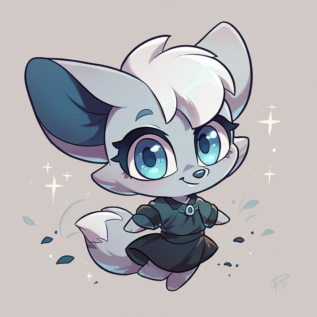 little fox, female, white hair, silver fur, blue eyes, cute ???, , alone, ??? , white hair, cute, chibi, black dress, night forest