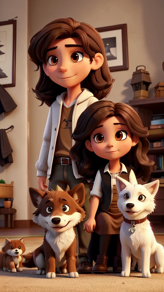 Image of a man with short brown hair and a woman with long black hair with a white wolfdog and a small brown dog