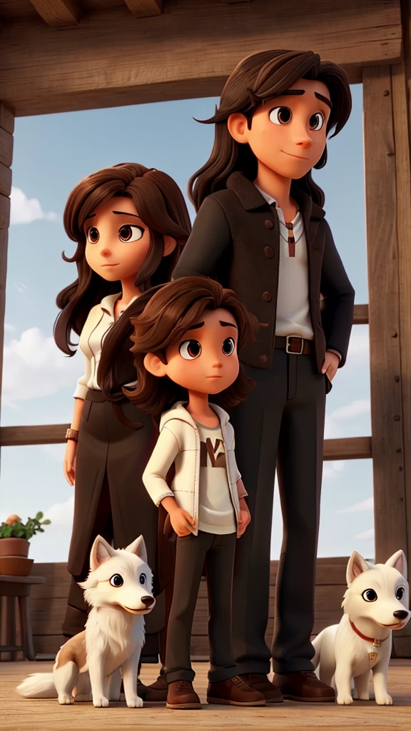 Image of a man with short brown hair and a woman with long black hair with a white wolfdog and a small brown dog

