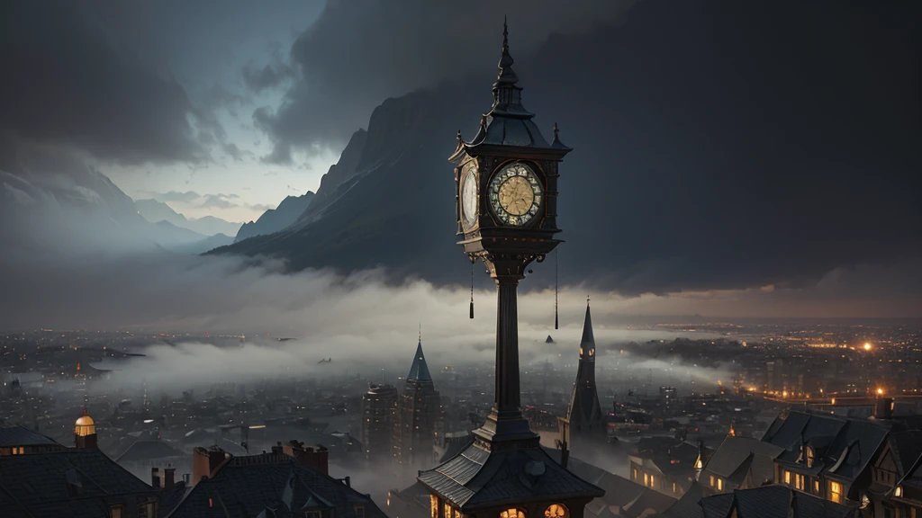 Create an image that blends elements of reality and fantasy, with an antique clock floating in the center, shrouded in magical mist. Include a cityscape that transforms into a dreamlike vision.