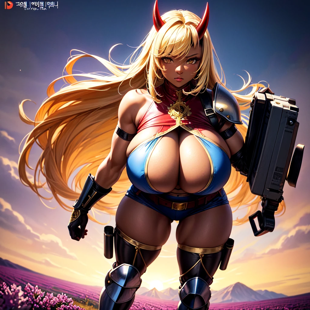 ((best quality)), ((masterpiece)), (detailed), 1girl, 8k_wallpaper, extremely detailed eyes, extremely detailed body, (large masterpiece digital art), ((perfect anatomy huge chest)), (intricate details:1.3 ), (ultra-detailed:1.3), (sharp focus:1.3), (natural lighting:1.05), (vivid colors:1.3), (best quality:1.4), high quality, expressive eyes, full body, tall girl, detailed face, beautiful face, perfect face, detailed ((blonde hair)), (gold eyes), ((large big red and blue horns)), {{dark skin}}, ({dark skinned female}), gigantic breasts, thick thighs, strong arm and leg muscles, strong abdominal muscles, Monster women, Korean women, wearing a modern short black cloth jacket with rolled up sleeves, (wearing heavy gold colored steel cyberpunk armor), a wide red leather belt with blue steel yarn, steel boots, steel thigh guards, a military radio hangs on her belt, a biker girl, she rides on another planet along a lilac field against the backdrop of a blue desert and high red mountains,