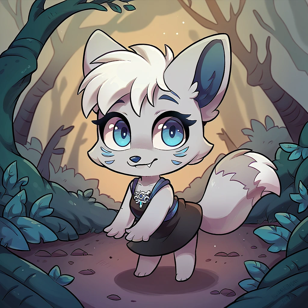 little fox, female, white hair, silver fur, blue eyes, cute kid, , alone, kid , white hair, cute, chibi, black dress, night forest