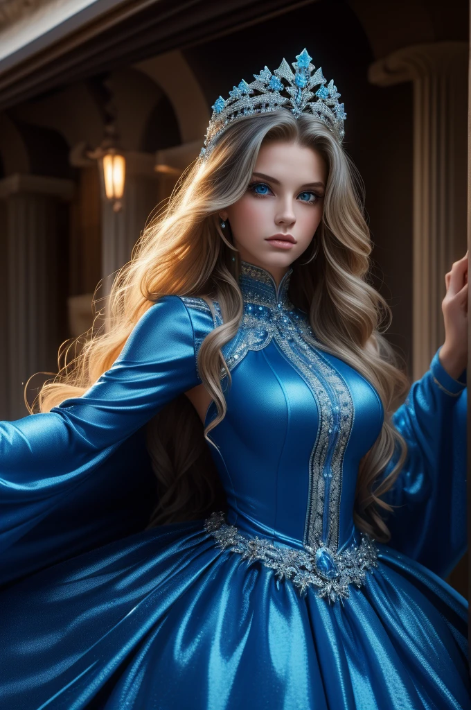 16 year old Pamela Hensley, ultra detailed face, ultra detailed blue eyes, long hair, (dress), tiara, winter, (((masterpiece)))