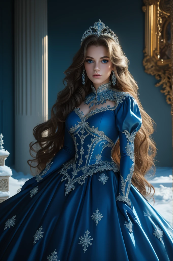 16 year old Pamela Hensley, ultra detailed face, ultra detailed blue eyes, long hair, (dress), tiara, winter, (((masterpiece)))