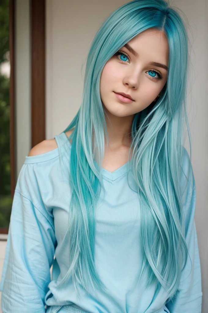 Cute girl with light blue hair and Green eyes