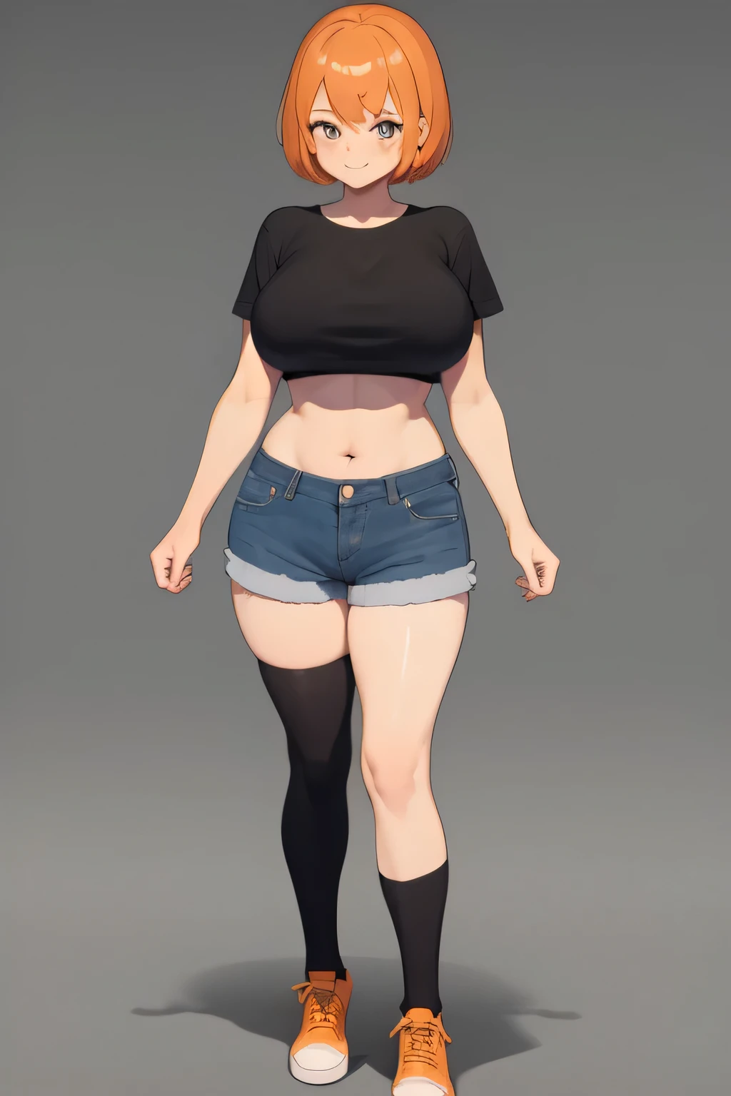 1girl, star eye, blush, perfect illumination, unreal engine, sidelighting, detailed face, bangs, bright skin, simple background, a view of an adult woman wearing a wearing denim shorts and a orange top, big breast, solo, smile, orange hair, short hair, shirt, shorts, full body, crop top, looking at viewer, muscular arms, hands down, black over-the-knee socks, standing, legs and feet are also visible, brown eyes, city, tall, full body, chubby, eating pizza