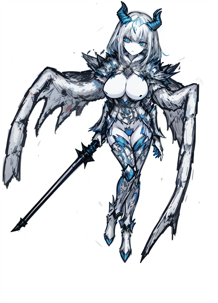 1girl ,white hair,blue eyes, pale skinned beast, white dragon, dragon horns, polar, ice knight , heavy armor, nice clothes, archer, (high resolution, high detail, best quality), calm, big breasts