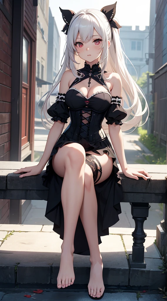 anime: style image of a woman wearing a navel corset dress in dress, cute anime waifu with a nice dress add_detail:1, seductive anime girl, , cushart krenz art key women, from the video game azur lane, Azure Lane Style, anime girl in a black dress, trend on artstation pixiv, red pupils add_detail:1, White hair, good figure add_detail:1, sitting on a french ledge add_detail:1, vist body asoleto, barefoot, beautiful feet add_detail:1, small breasts, ta add_detail:1