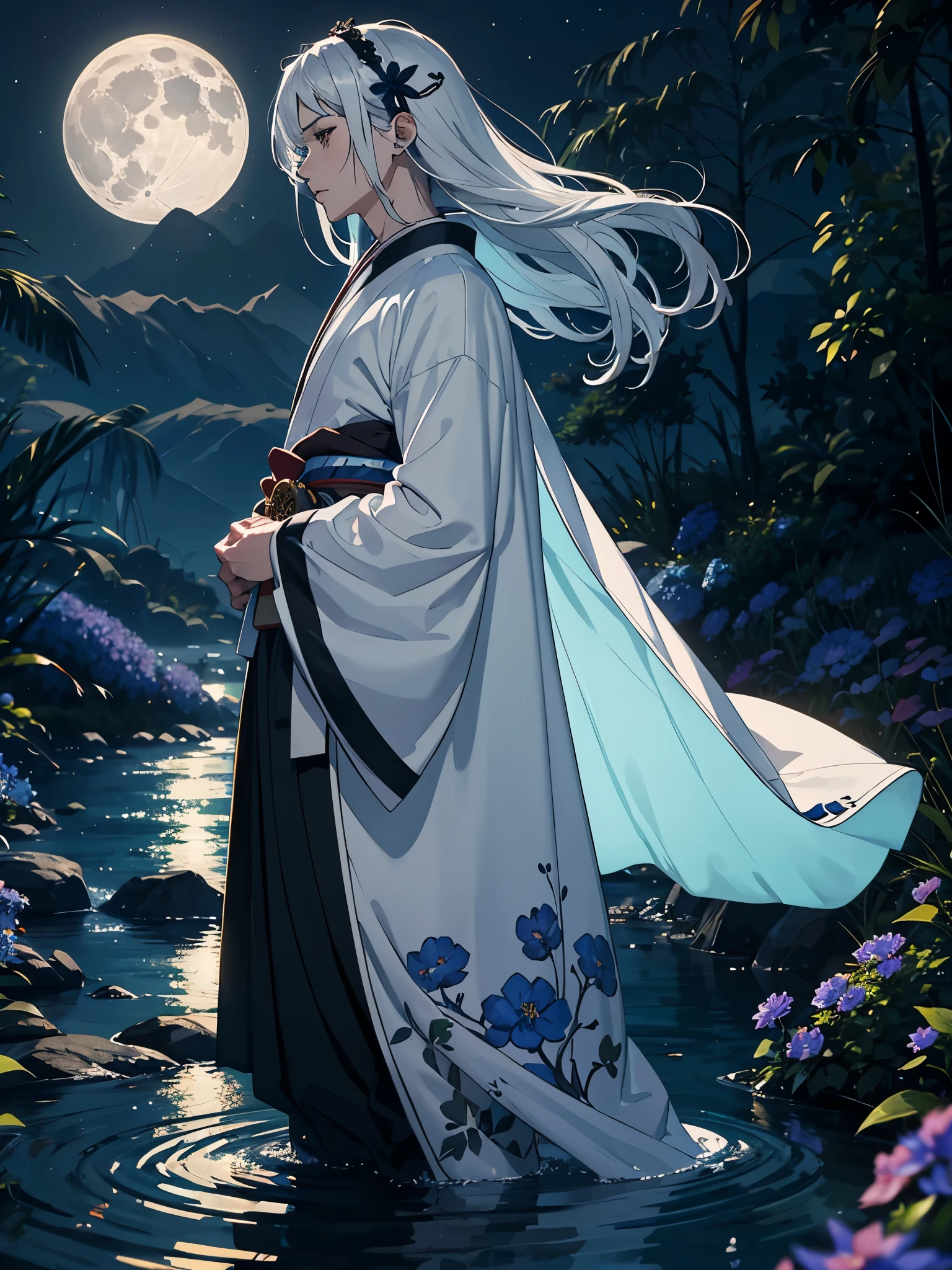Kimono. Modern times. Blaie Clothing. Lightening flowers. More anime. male. Blue flowers. Long hair. long white hair. aquatic, boy, God of the Moon, silver hair accessories, White hair, White dress, cape, at night.