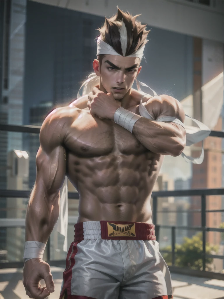 25-year-old man, alone, athletic, muscular, tall hair, white band on his forehead, no shirt, wears white bandages that cover almost his entire forearm, wears red shorts, looking seriously at the viewer, kick guard position boxing, cinematic, ultra sharp focus, award winning photography, perfect contrast, high sharpness, depth of field, ultra detailed photography, global illumination, fluid, ultra high definition, 8k, Unreal Engine 5, ultra sharp focus, award winning photography, trends art season,