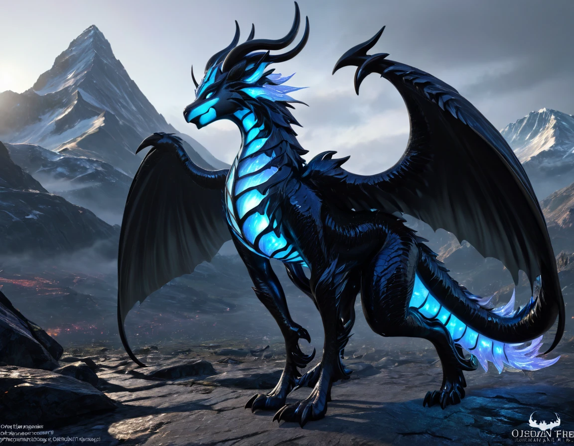 full body portrait of a realistic feminine obsidian dragon, large wings, black ral-opal inner wings, white glowing eyes, wolf shaped head, huge, long body, four legs, many horns, horns, antlers, twisting horns, curled horns, breathing ral-opal fire, mysterious mountain scenery, full body, cinematic, render, 8k, unreal engine, realistic, masterpiece, high detail, full body, low life, extremely intricate, extreme detail, volumetric lighting